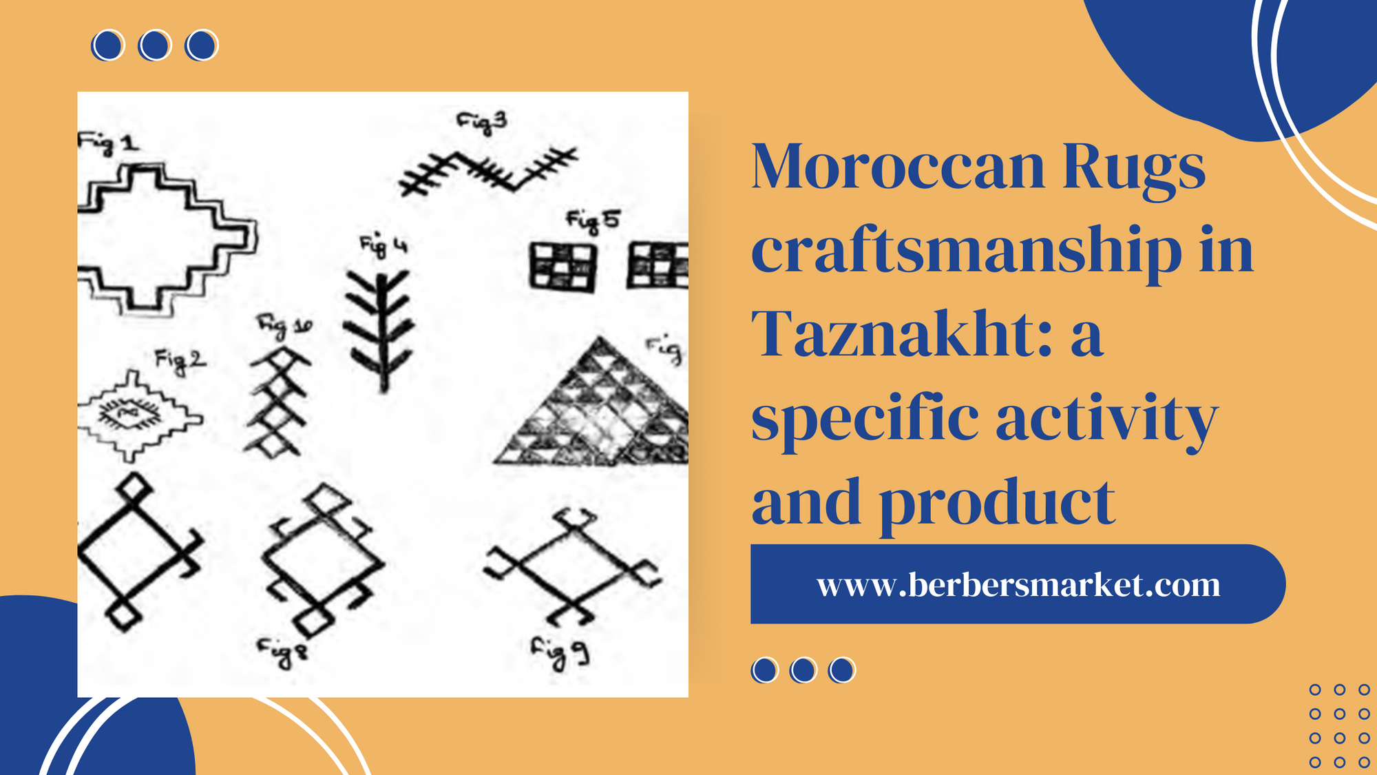 Blog banner talking about: "Moroccan Rugs craftsmanship in Taznakht: a specific activity and product" with a picture showing The main decorative symbols of handmade Moroccan rugs.