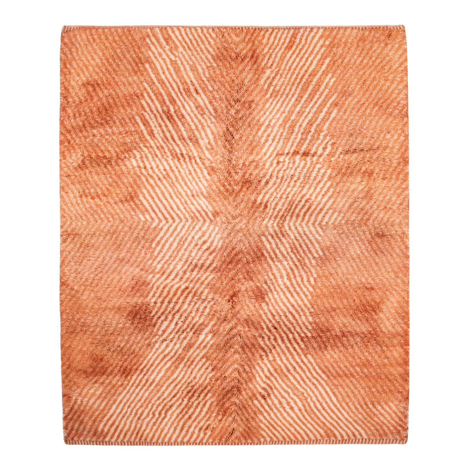 Full view of the coral and ivory chevron handmade Moroccan rug