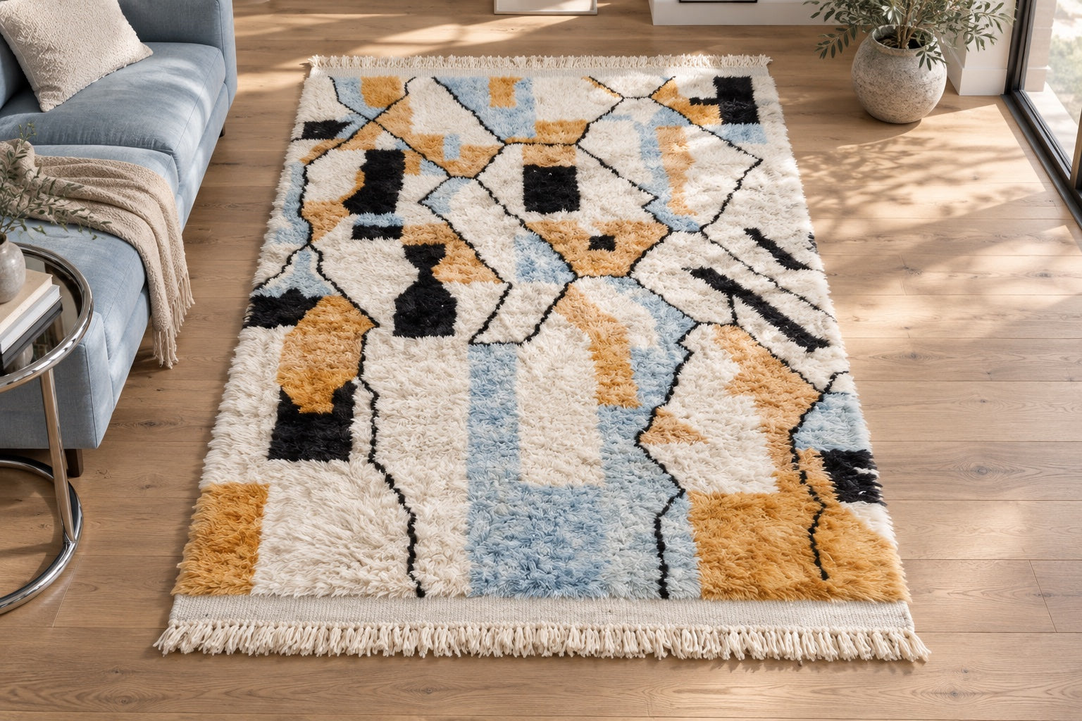 M-506 blue and gold Beni Mrirt shag wool rug — room styling inspiration
