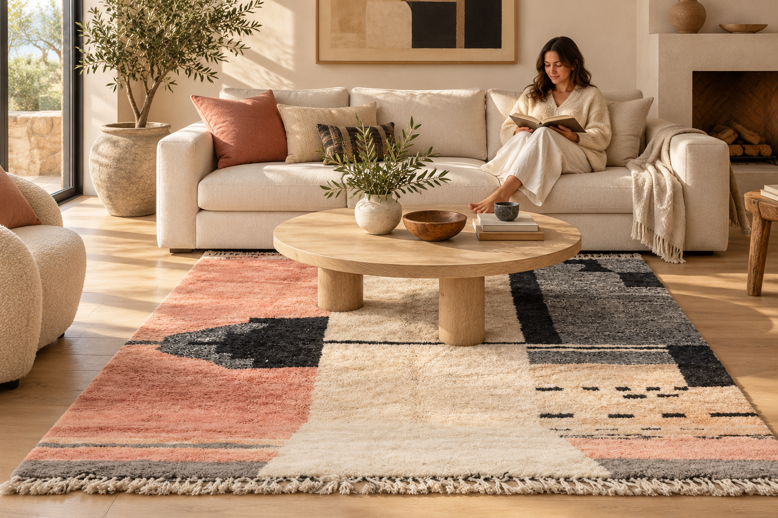 Cream, peach and charcoal abstract Moroccan shag rug in a warm reading living room