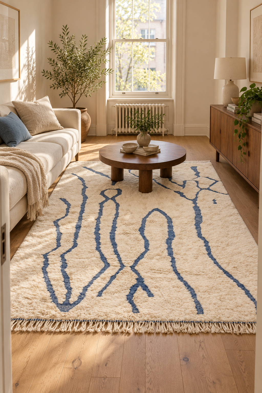 Freedom Pathways ivory and indigo Moroccan rug in a light living room