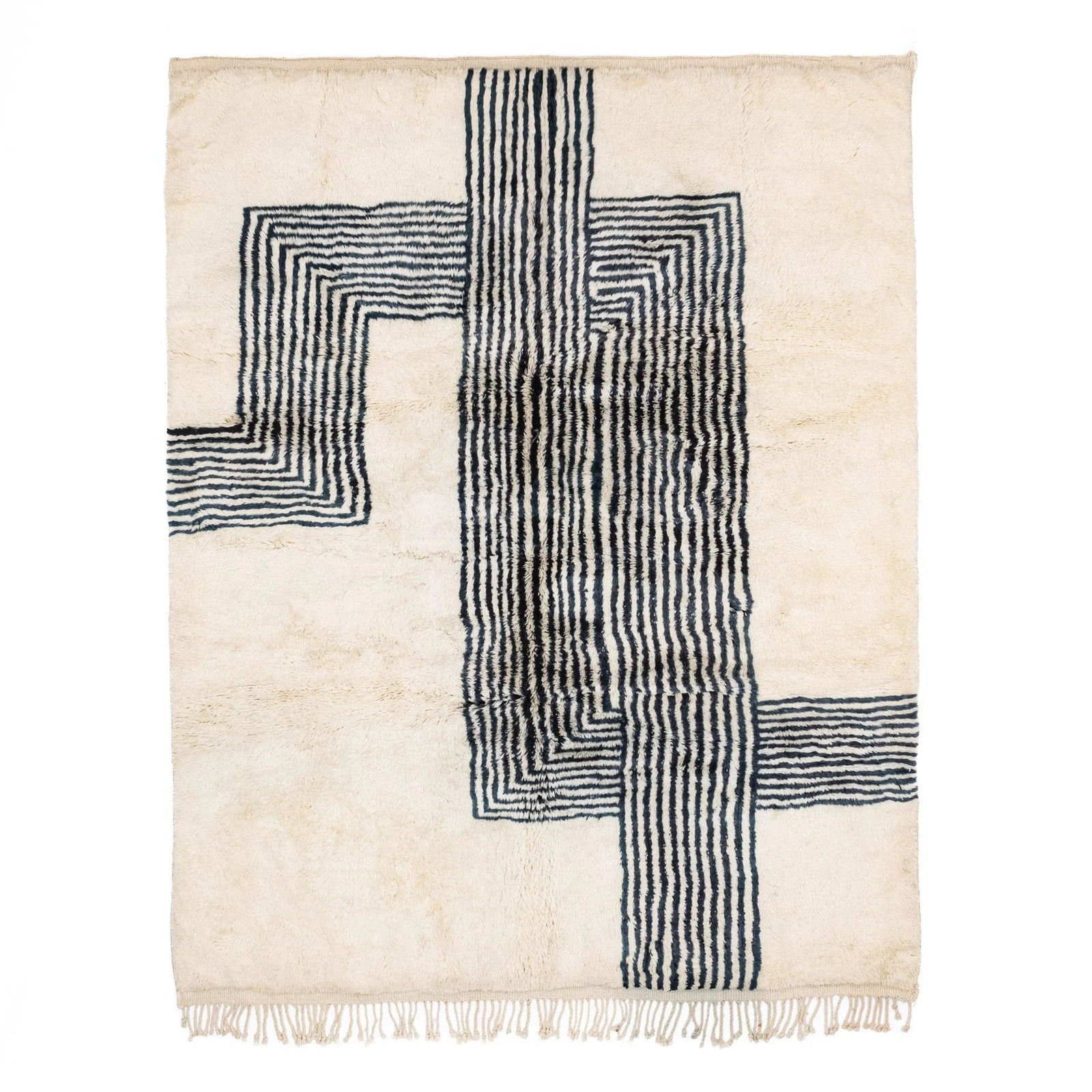 Full view of the cream and navy Ocean Chords handmade Moroccan rug