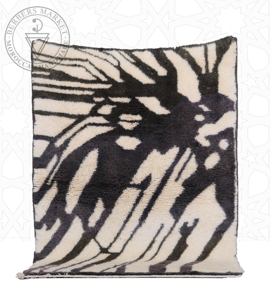 Original black and warm ivory abstract Moroccan wool rug product photograph