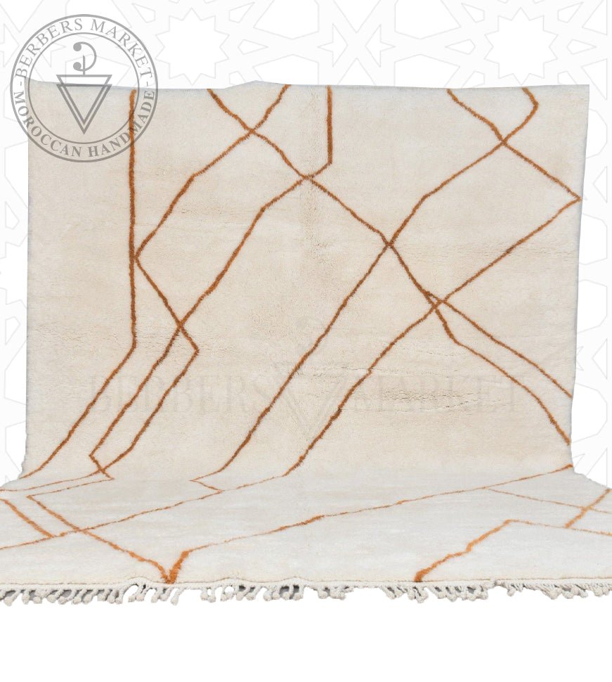 Original ivory Mrirt rug with sparse irregular ochre crossing lines and fringe