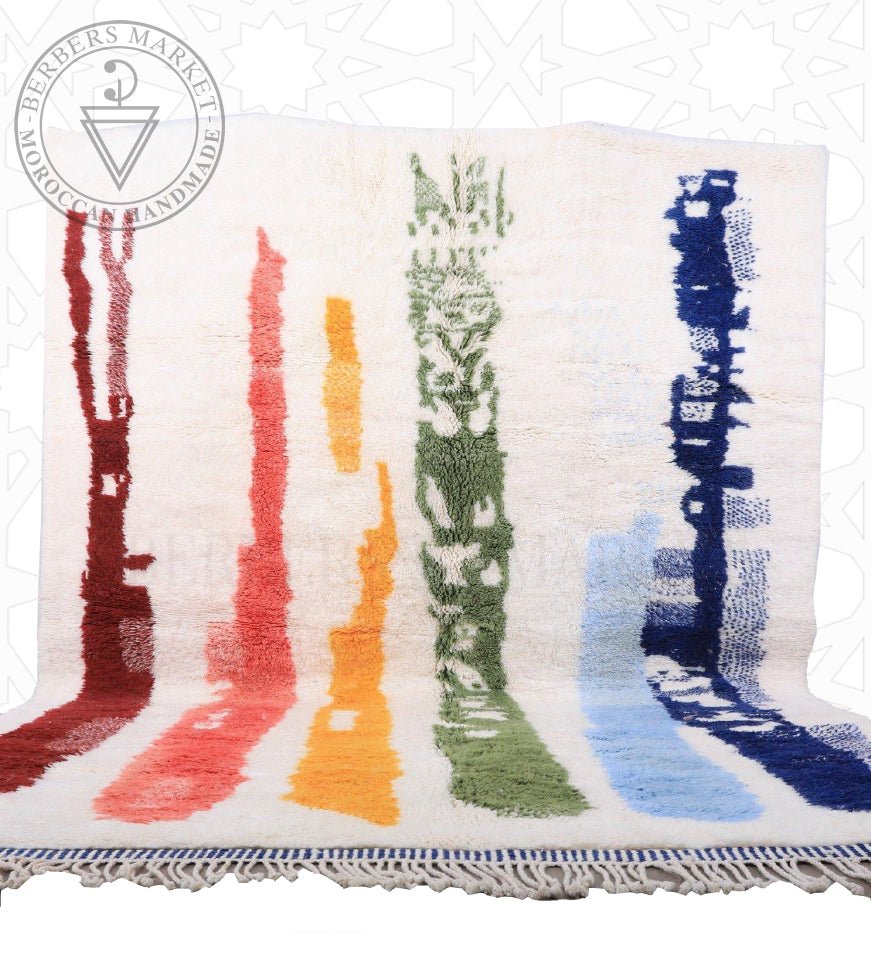 Original ivory Moroccan wool rug with six irregular colourful vertical bands