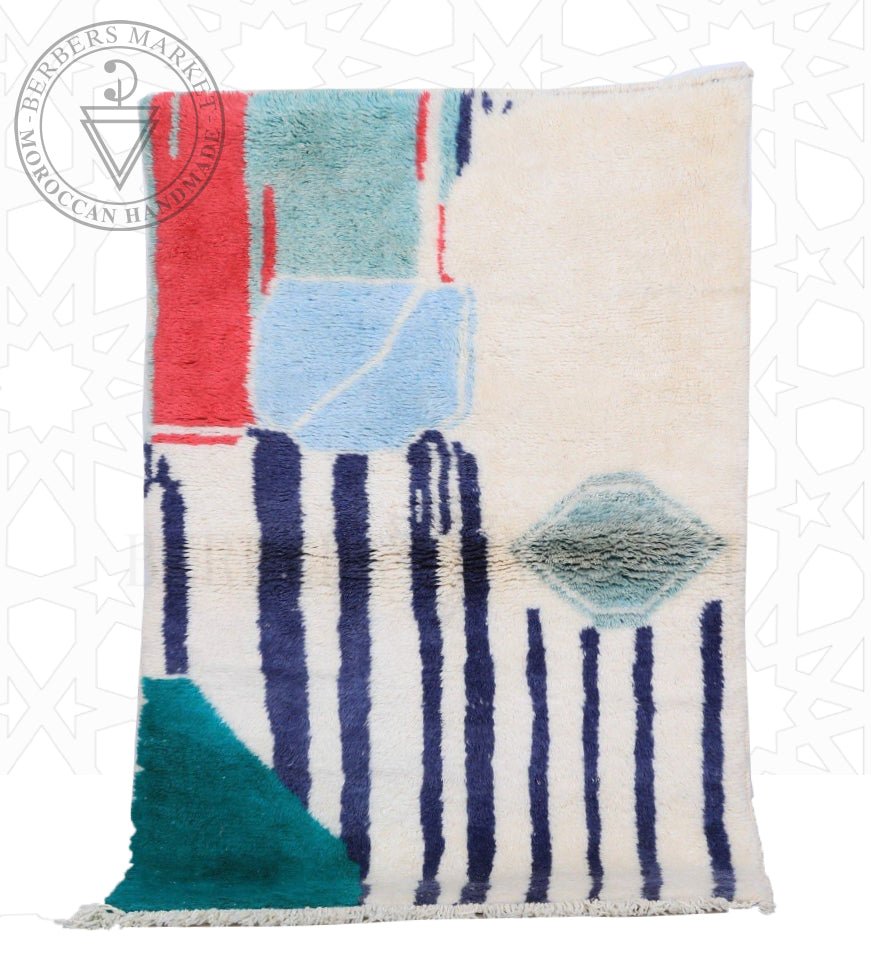 Original ivory Mrirt rug with coral turquoise pale blue teal and navy geometric blocks