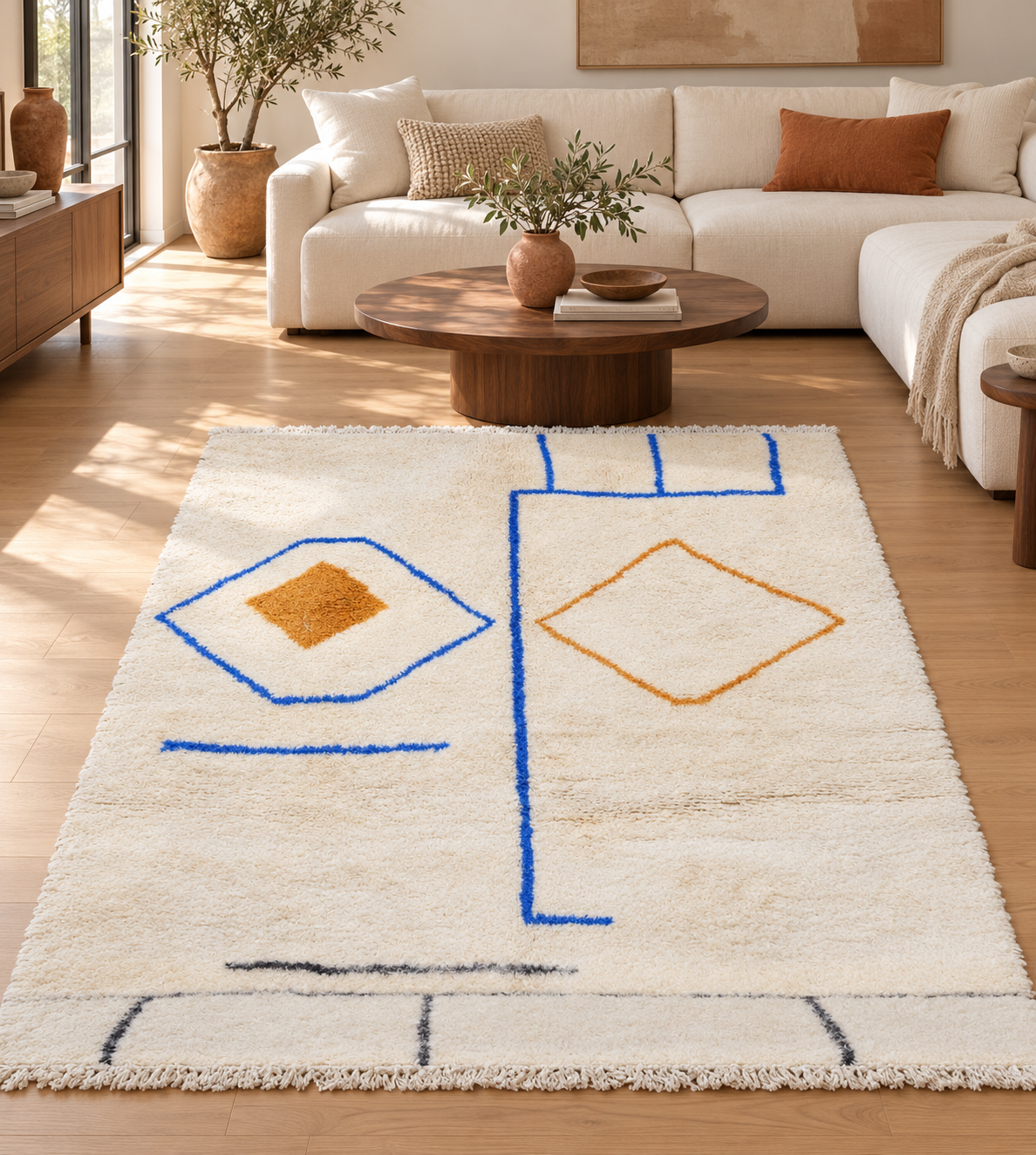 M-50105 blue and ochre Moroccan rug in a warm modern living room