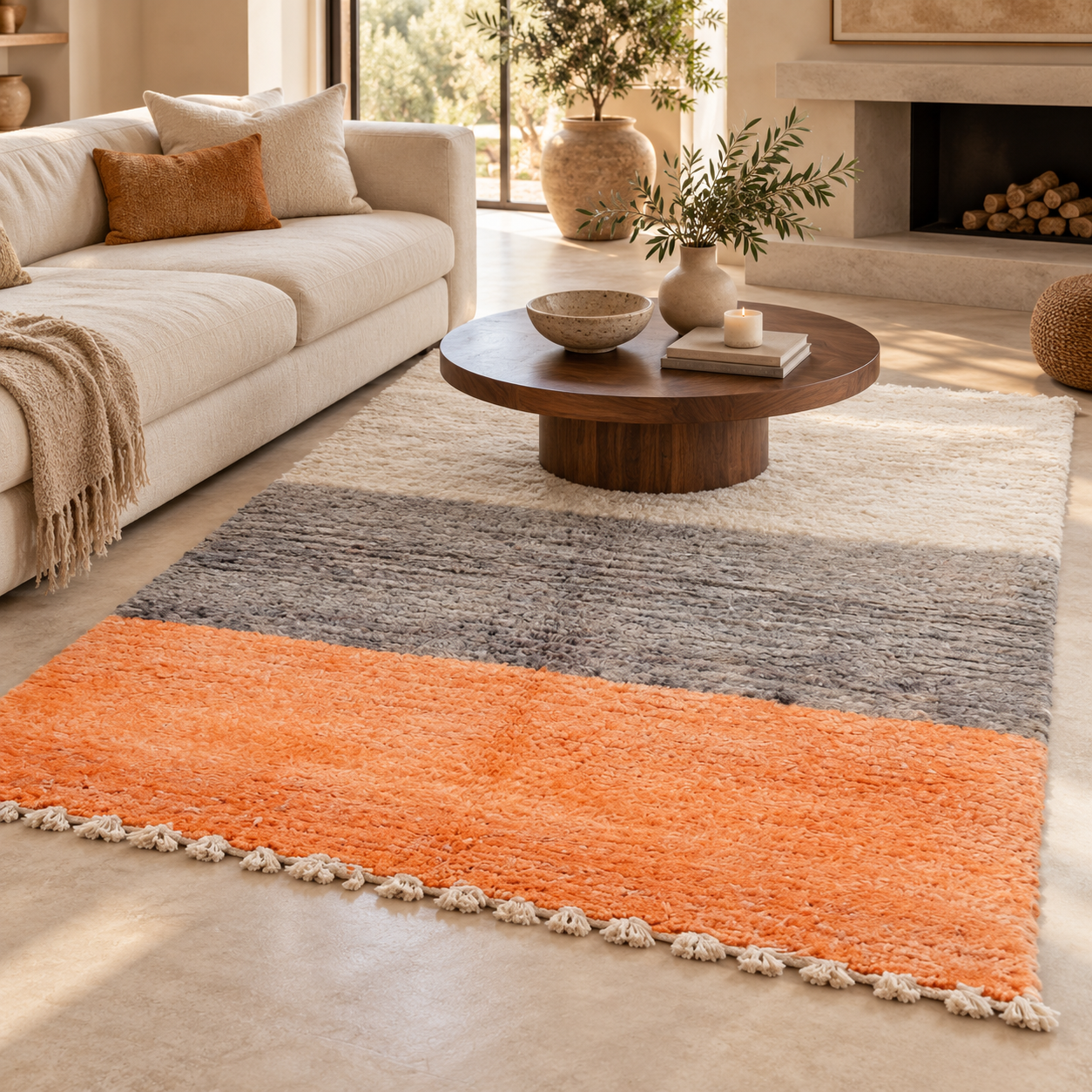 M-50111 orange and grey Moroccan rug in a neutral living room — styling visualization