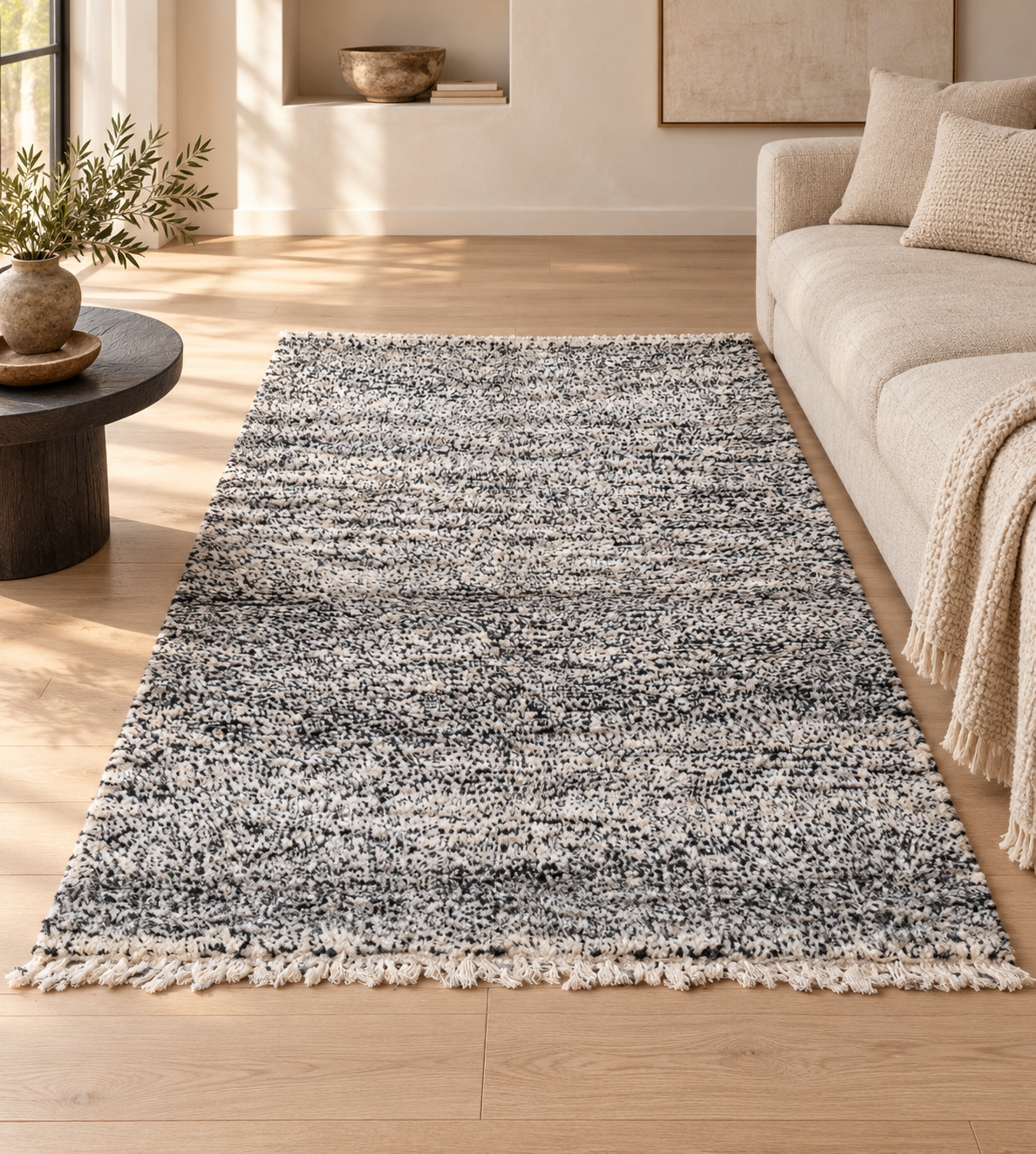 M-5094 grey Moroccan rug in a neutral living room — styling visualization