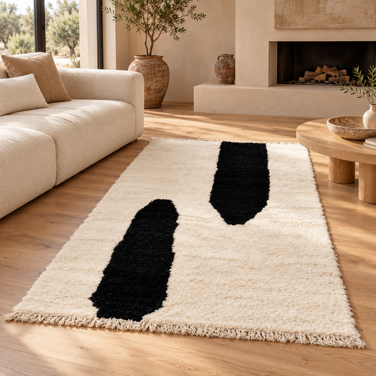 M-5098 abstract black and ivory Moroccan rug in a living room — styling visualization