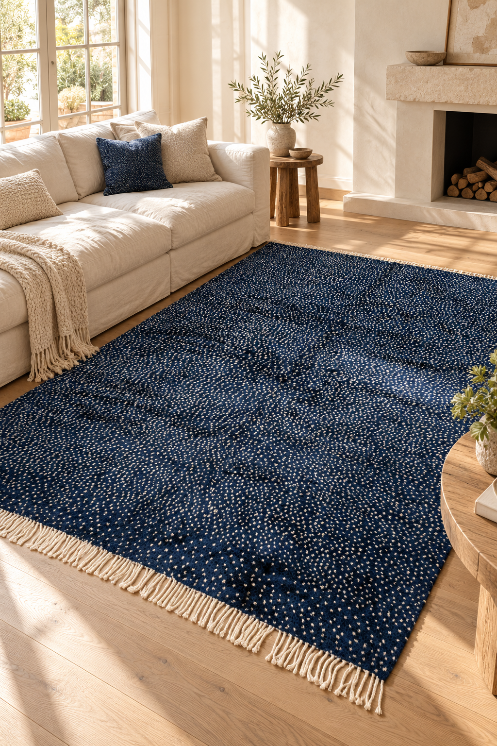 Midnight Constellations indigo Moroccan rug in a light living room
