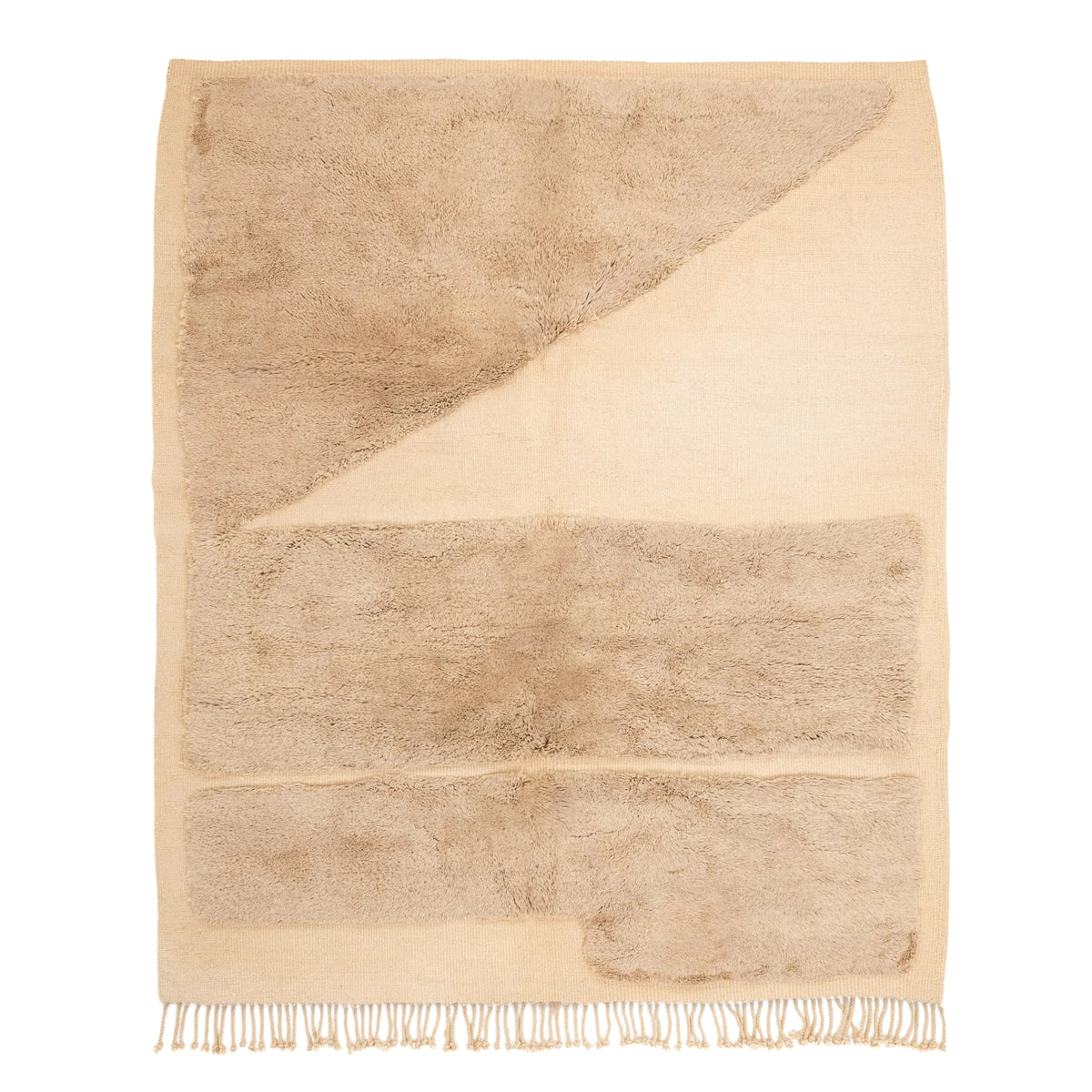Handmade Moroccan wool rug in camel beige and ivory with abstract block motif and fringe