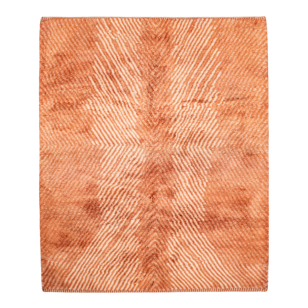 Handmade Moroccan wool rug in coral orange and ivory with radiating chevron stripes