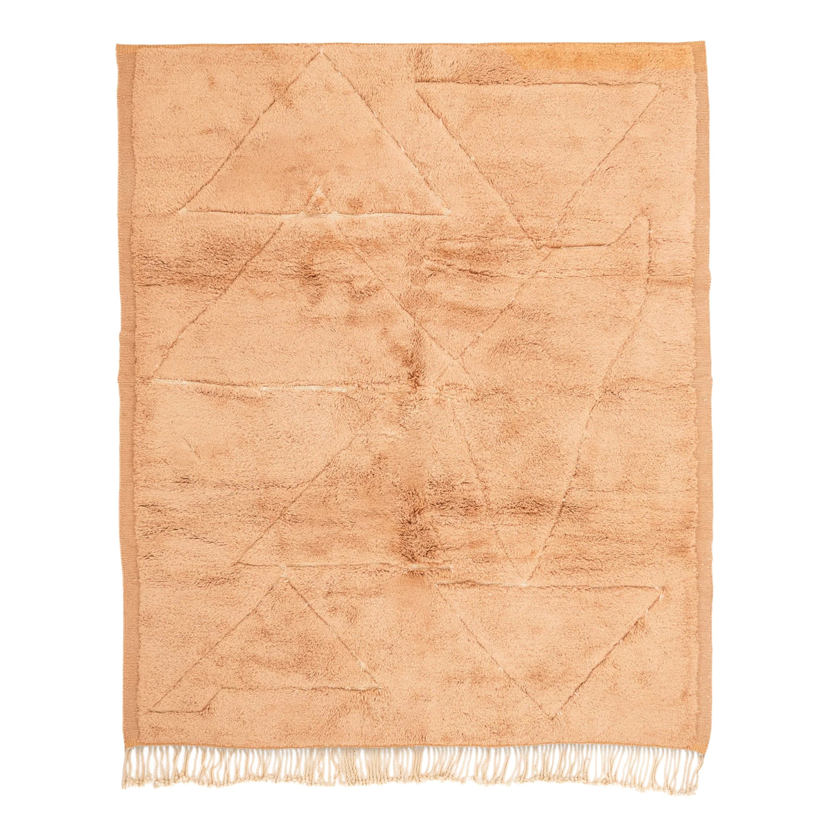 Handmade Moroccan wool rug golden ochre with carved ivory geometric triangles