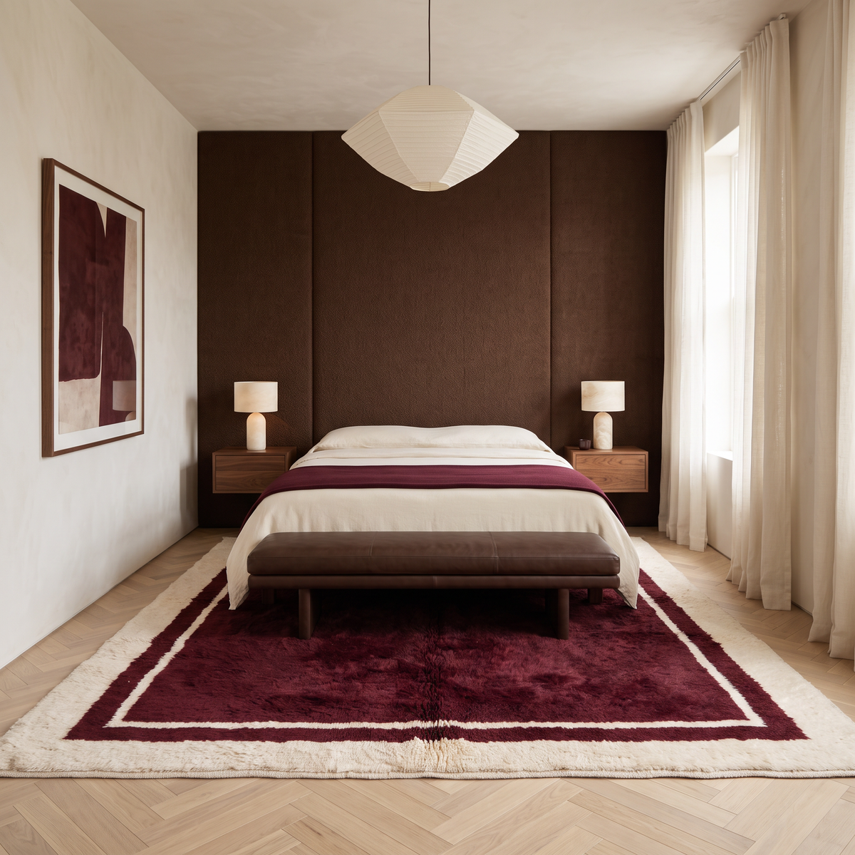 Burgundy Moroccan rug with cream border under a bed in a luxury modern bedroom with a chocolate boucle headboard wall and a burgundy throw