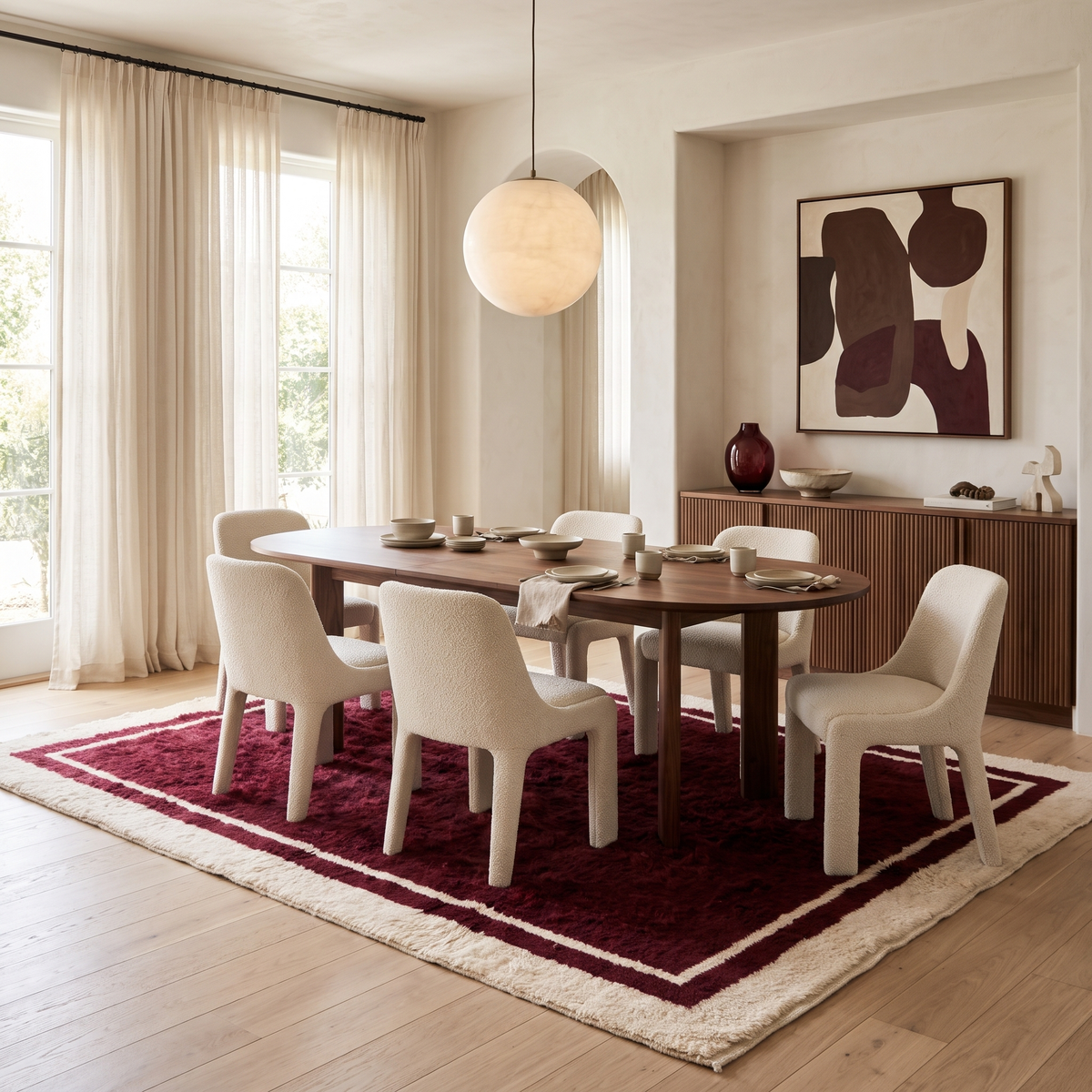 Burgundy Moroccan rug with cream border under a walnut dining table and cream boucle chairs in a luxury modern dining room