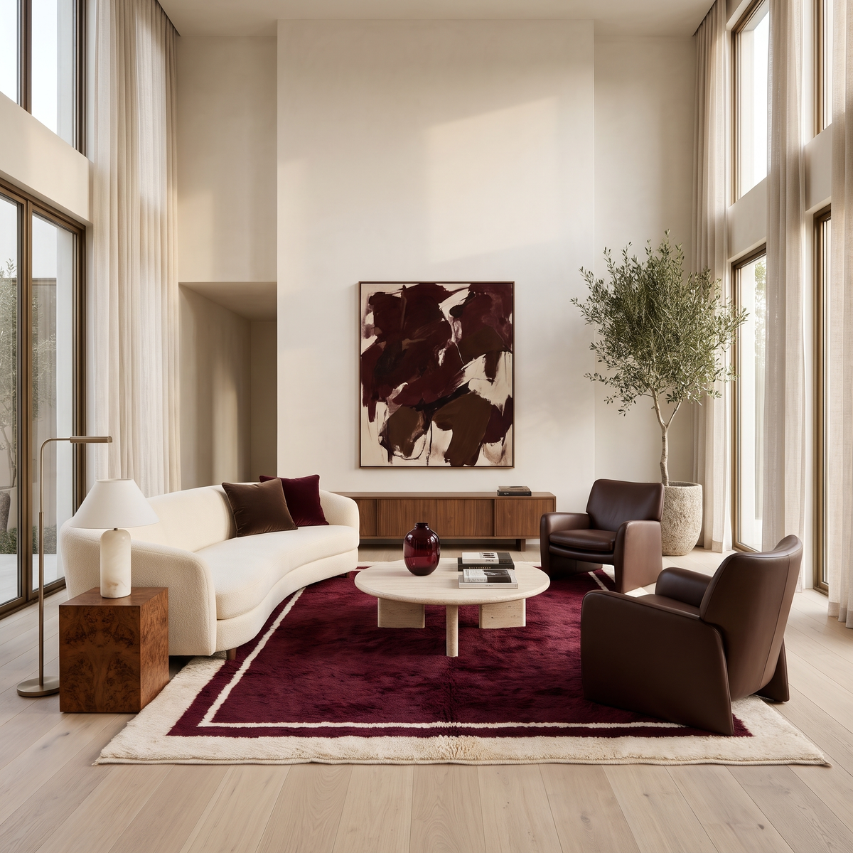 Burgundy Moroccan rug with cream border in a luxury modern living room with a cream curved sofa, chocolate leather lounge chairs and a travertine coffee table, 9x12 hand-knotted wool rug