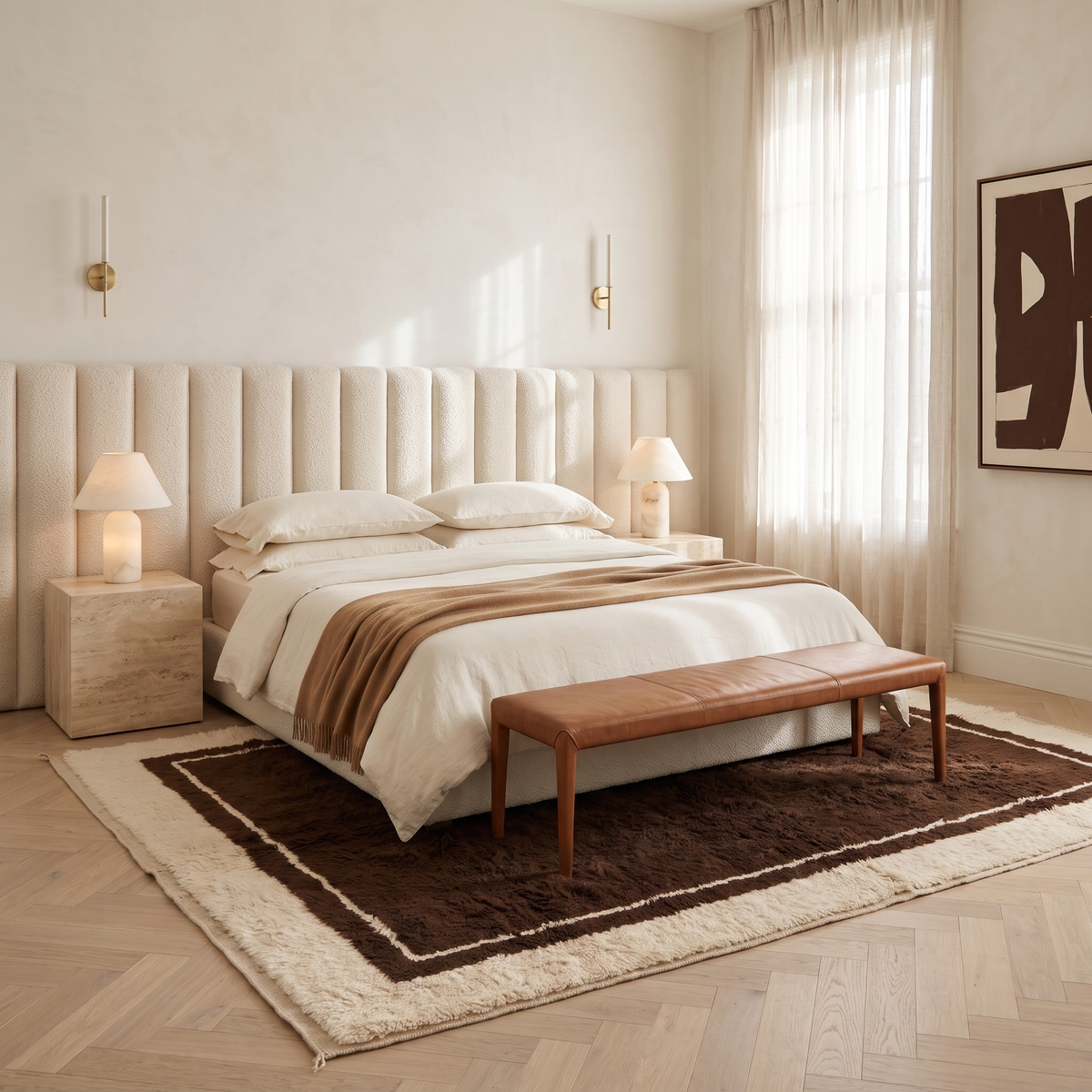 Chocolate brown Moroccan rug with cream border under a bed in a luxury modern bedroom with a cream boucle headboard and a cognac leather bench