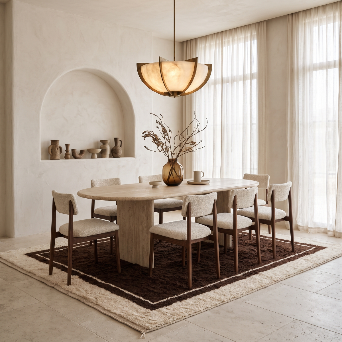 Chocolate brown Moroccan rug with cream border under a travertine dining table and boucle chairs in a luxury modern dining room