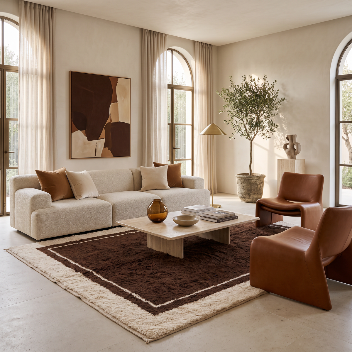 Chocolate brown Moroccan rug with cream border in a luxury modern living room with a cream boucle sofa, cognac leather lounge chairs and a travertine coffee table, 9x12 hand-knotted wool rug