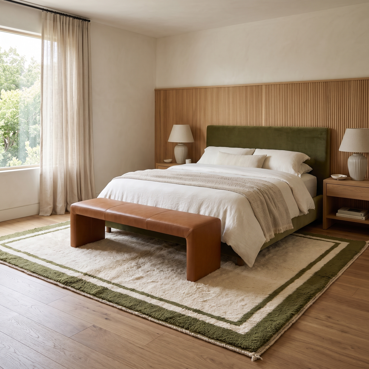 Cream Moroccan rug with olive green border under a bed in a luxury modern bedroom with an olive velvet headboard and a fluted oak wall