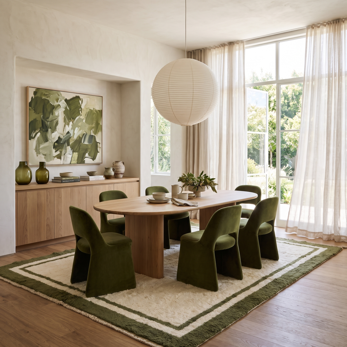 Cream Moroccan rug with olive green border under an oak dining table and olive velvet chairs in a luxury modern dining room