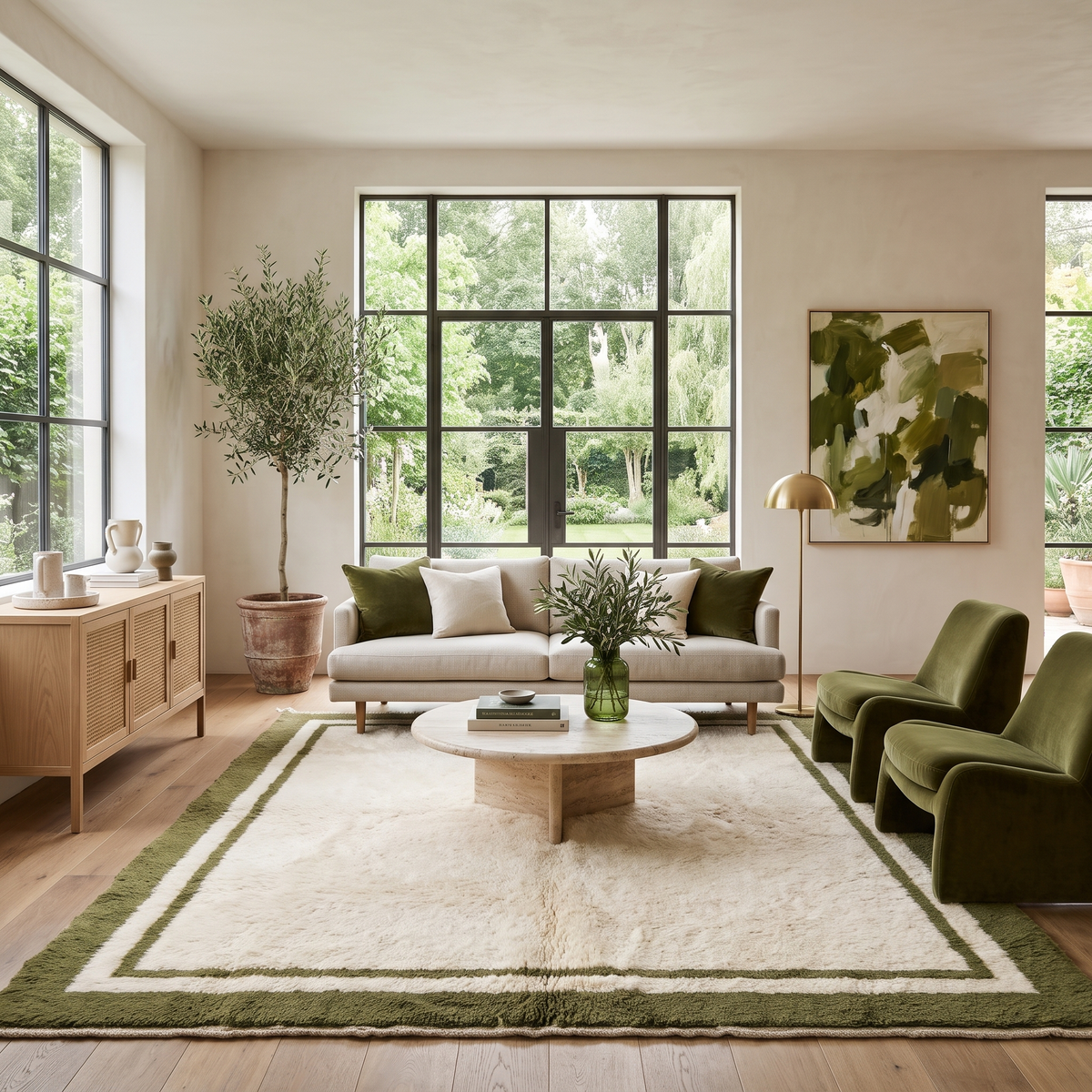 Cream Moroccan rug with olive green border in a luxury modern living room with olive velvet lounge chairs, a linen sofa and a travertine coffee table, 9x12 hand-knotted wool rug