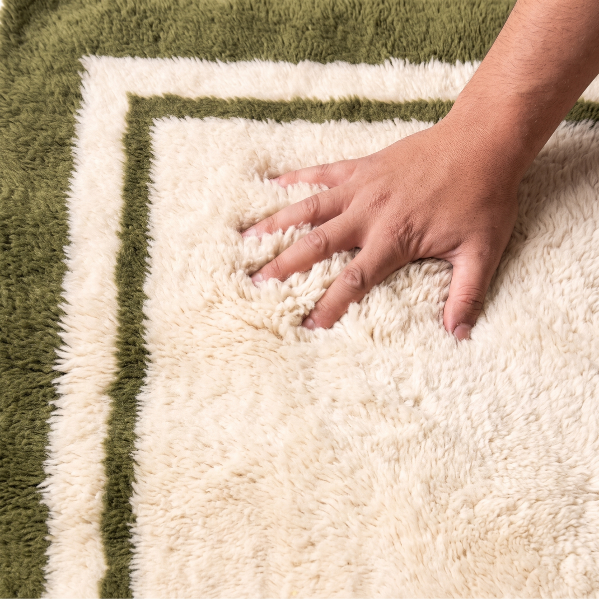 Hand pressing into the deep plush pile of a cream hand-knotted wool rug with olive green border