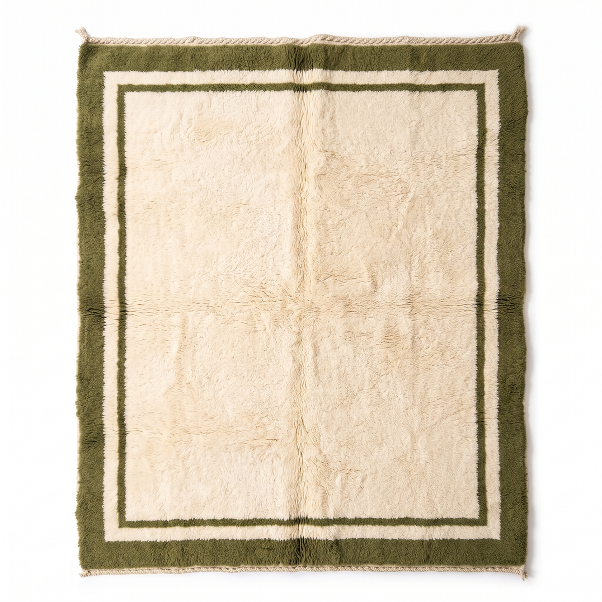 Cream Moroccan rug with an olive green carved border, hand-knotted wool Beni Mrirt shag rug, top view