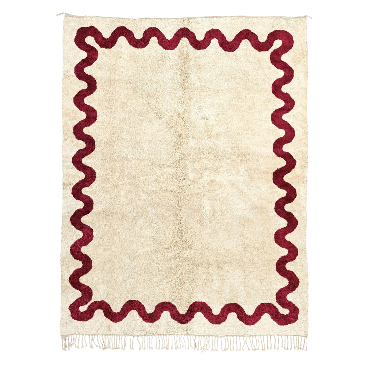 Handmade Moroccan wool rug in cream with garnet-red wavy border and natural fringe