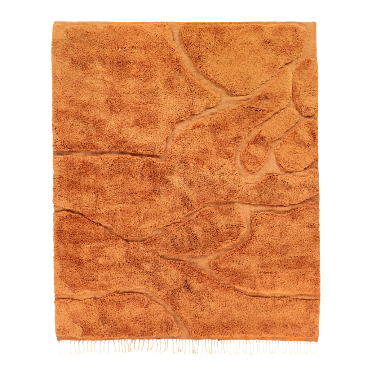 Handmade Moroccan wool rug in amber orange with organic free-form shapes and fringe