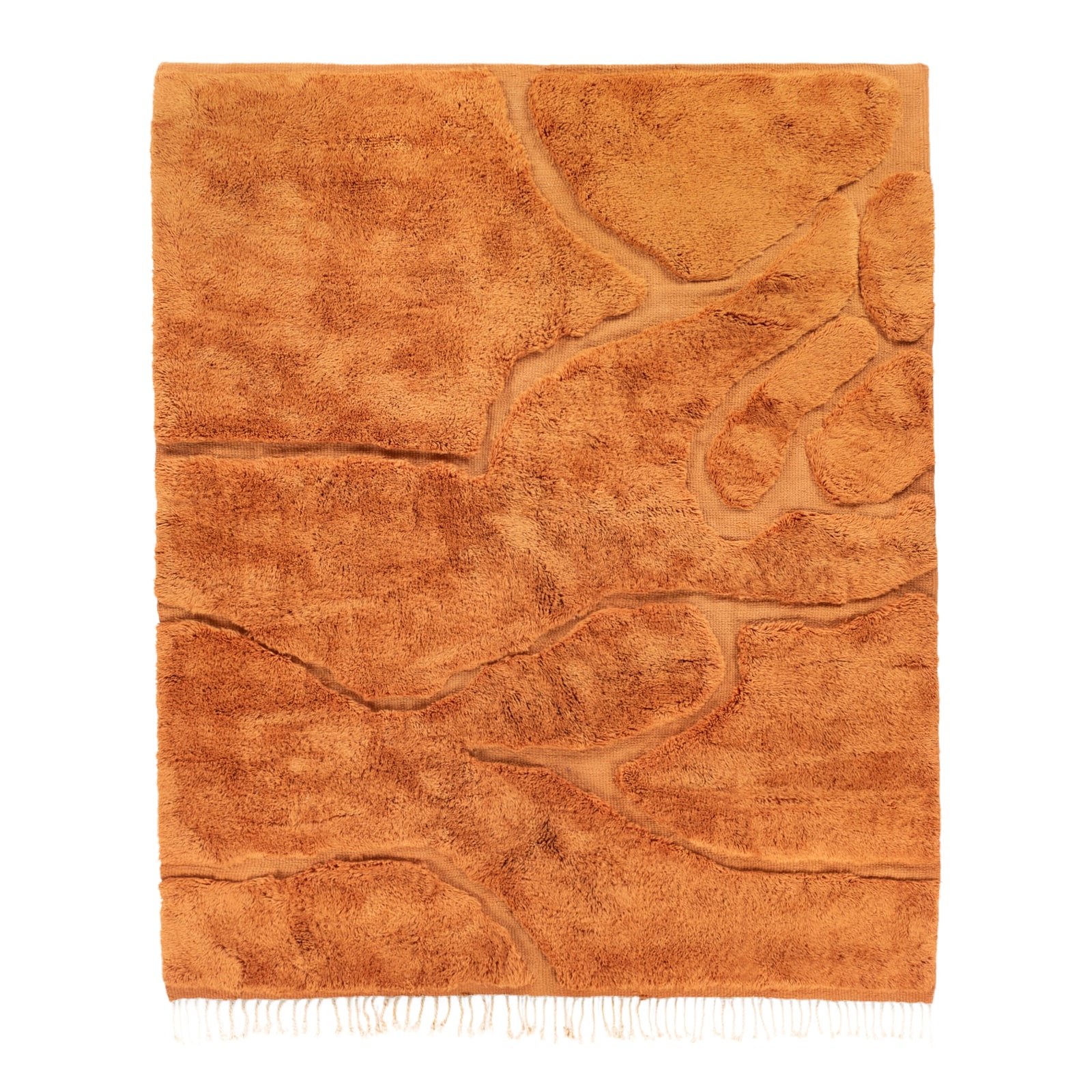 Handmade Moroccan wool rug in amber orange with organic free-form shapes and fringe