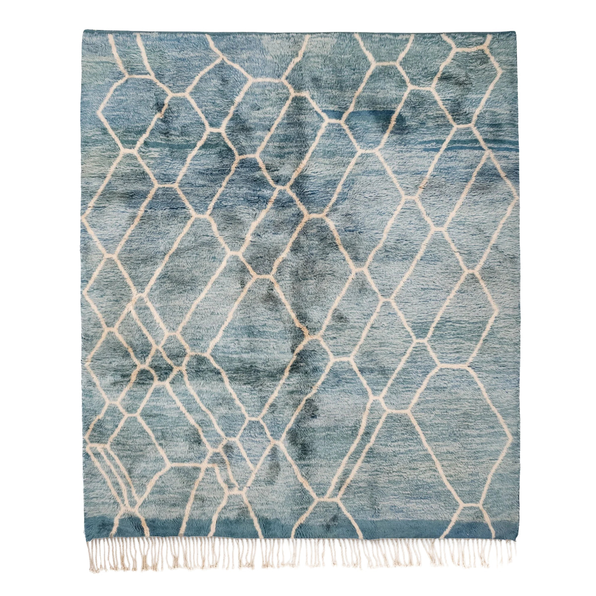 Handmade Moroccan wool rug in aquamarine blue with cream geometric lattice pattern and fringe