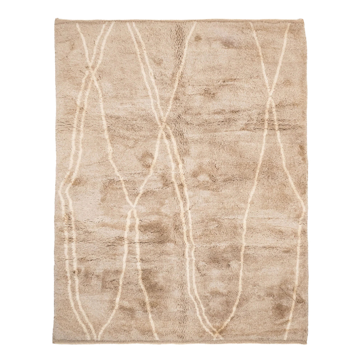 Handmade Moroccan wool rug in sand beige with ivory undulating line motifs