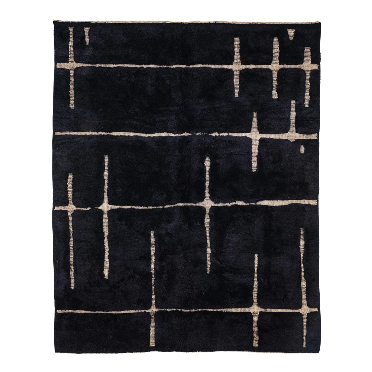 Handmade Moroccan wool rug in charcoal black with beige abstract grid lines
