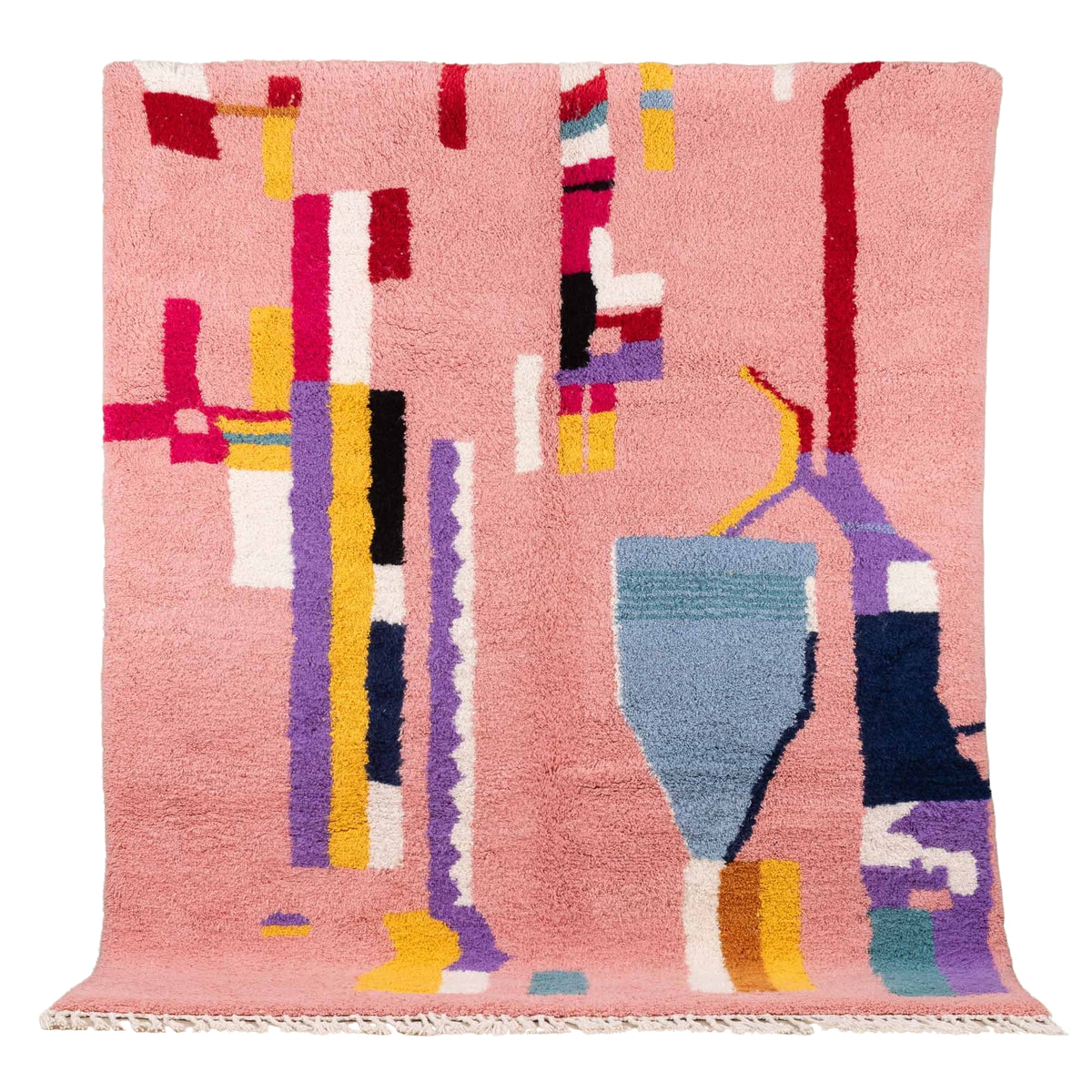 Handmade Moroccan wool rug blush pink with carved multicolor abstract blocks