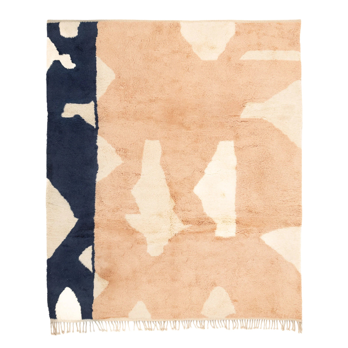 Handmade Moroccan wool rug blush sand with carved ivory islands and navy stripe
