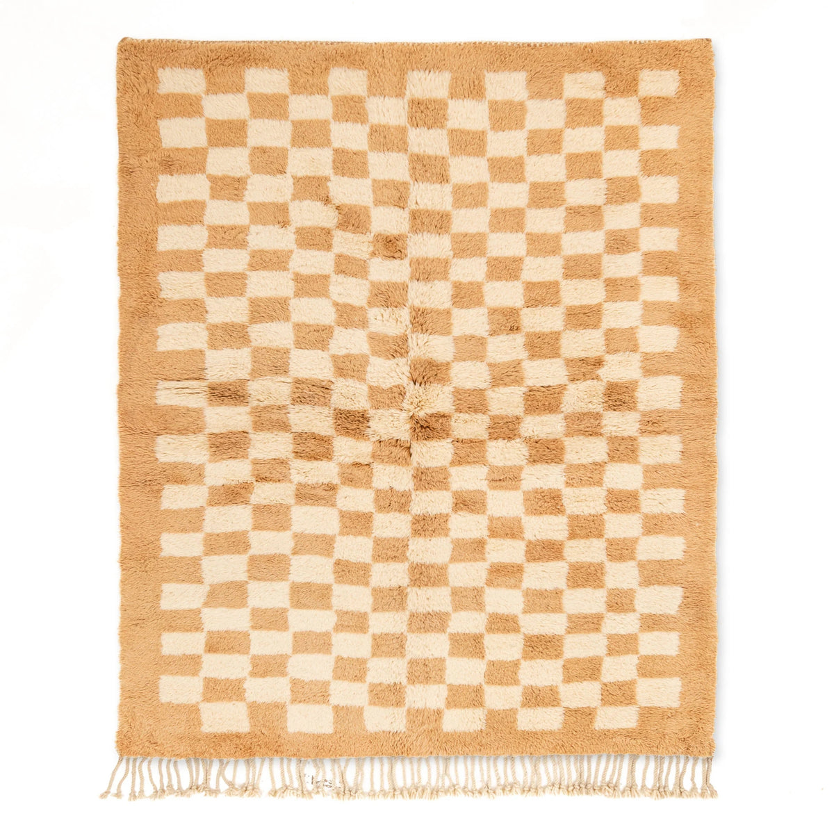 Handmade Moroccan wool rug gold with carved ivory checkerboard relief