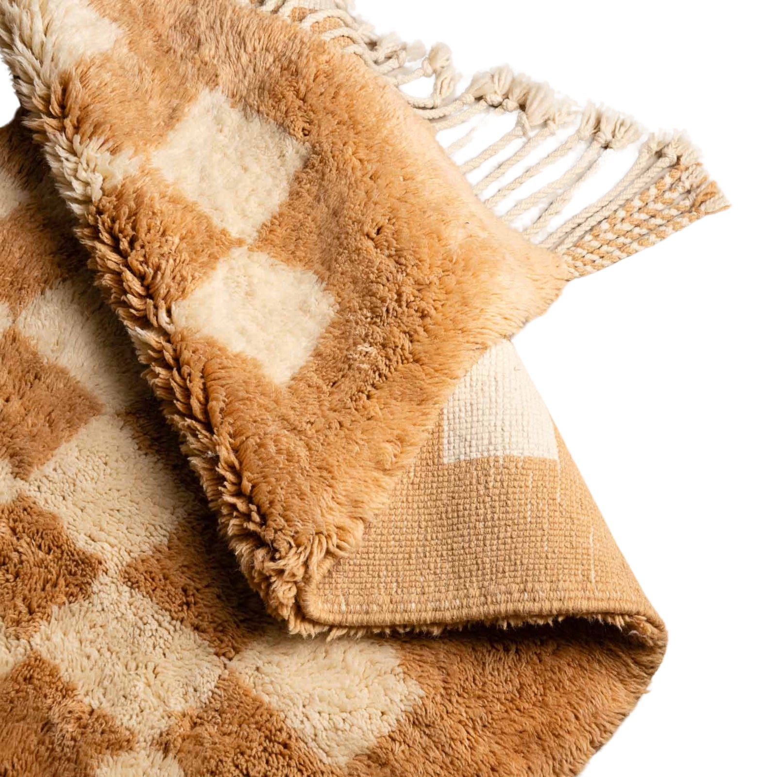 Handmade Moroccan wool rug gold with carved ivory checkerboard relief