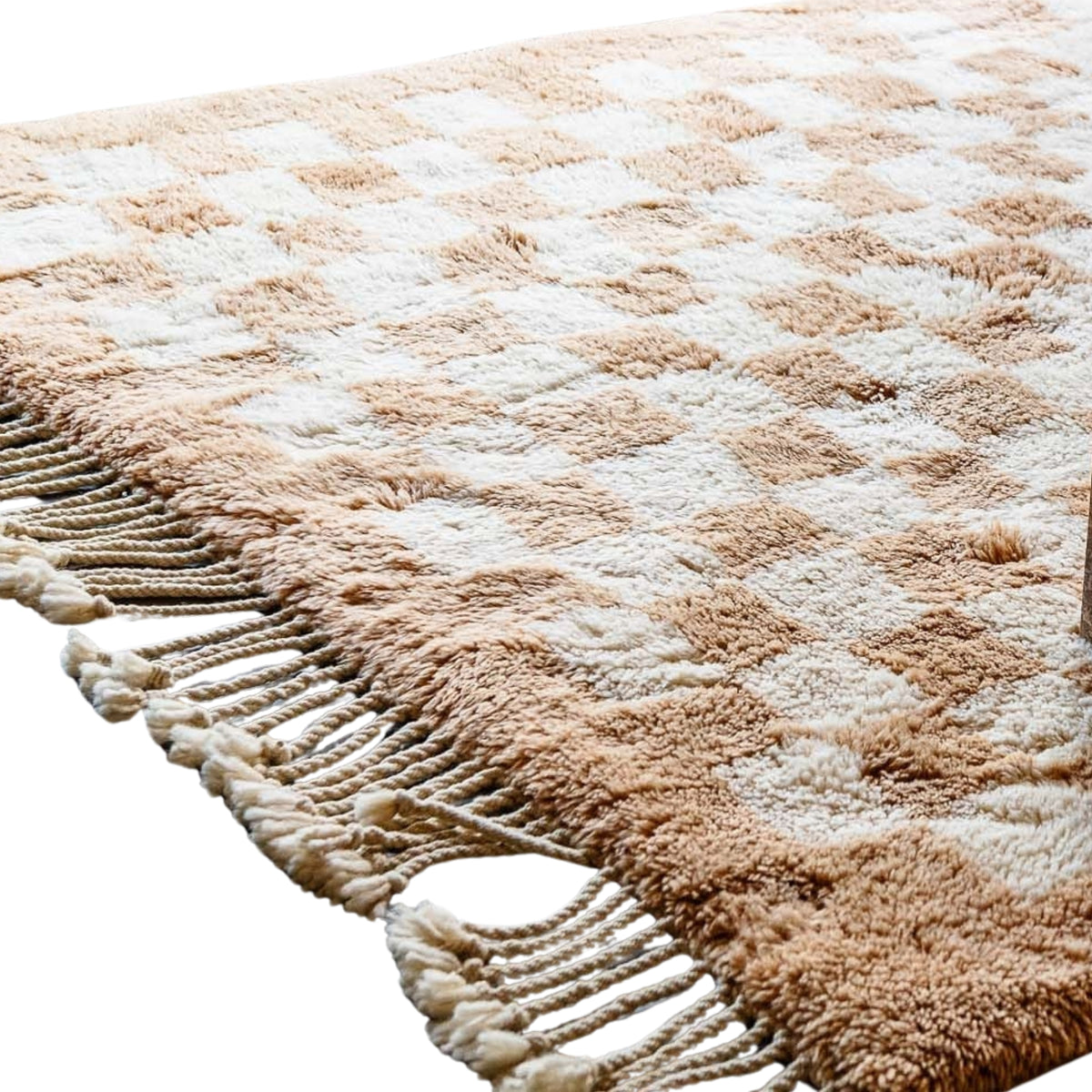 closeup Handmade Moroccan wool rug gold with carved ivory checkerboard relief