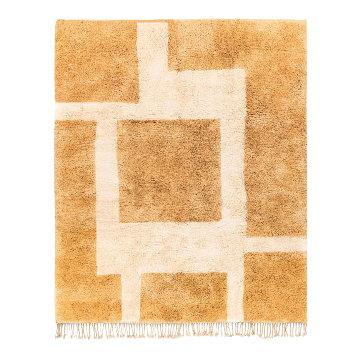 Handmade Moroccan wool rug in golden ochre and cream with bold geometric grid pattern and fringe
