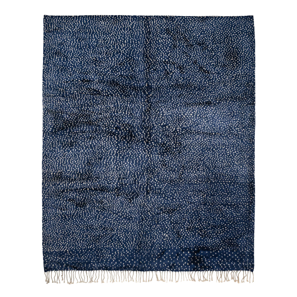 Handmade Moroccan wool rug indigo with carved ivory dot constellation pattern