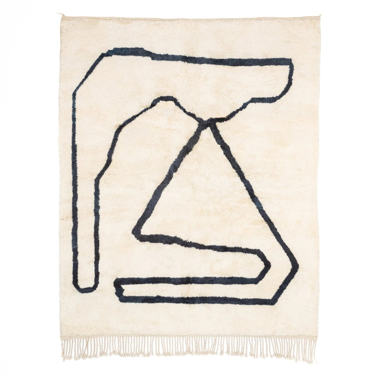 Handmade Moroccan wool rug in ivory with charcoal freeform line motif and fringe