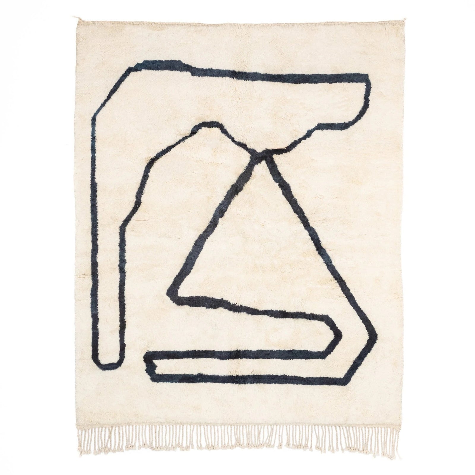 Handmade Moroccan wool rug in ivory with charcoal freeform line motif and fringe