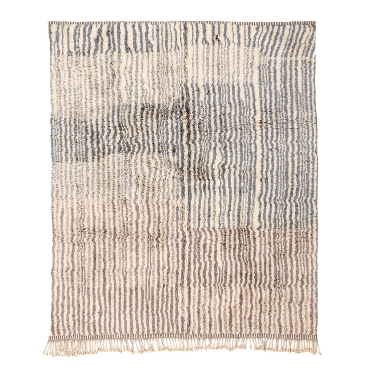 Handmade Moroccan wool rug ivory with carved slate blue and taupe linear stripes