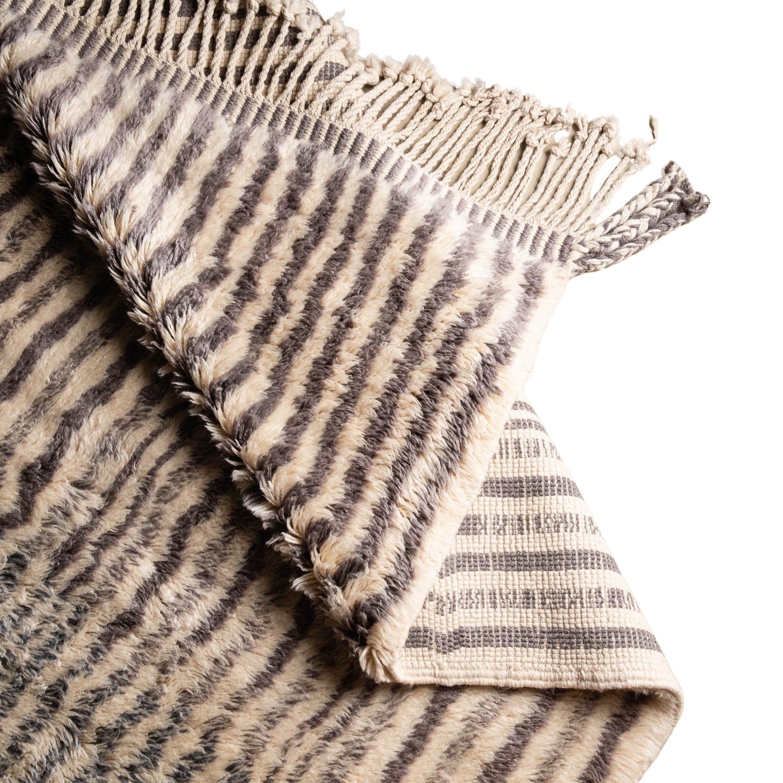 Handmade Moroccan wool rug ivory with carved slate blue and taupe linear stripes