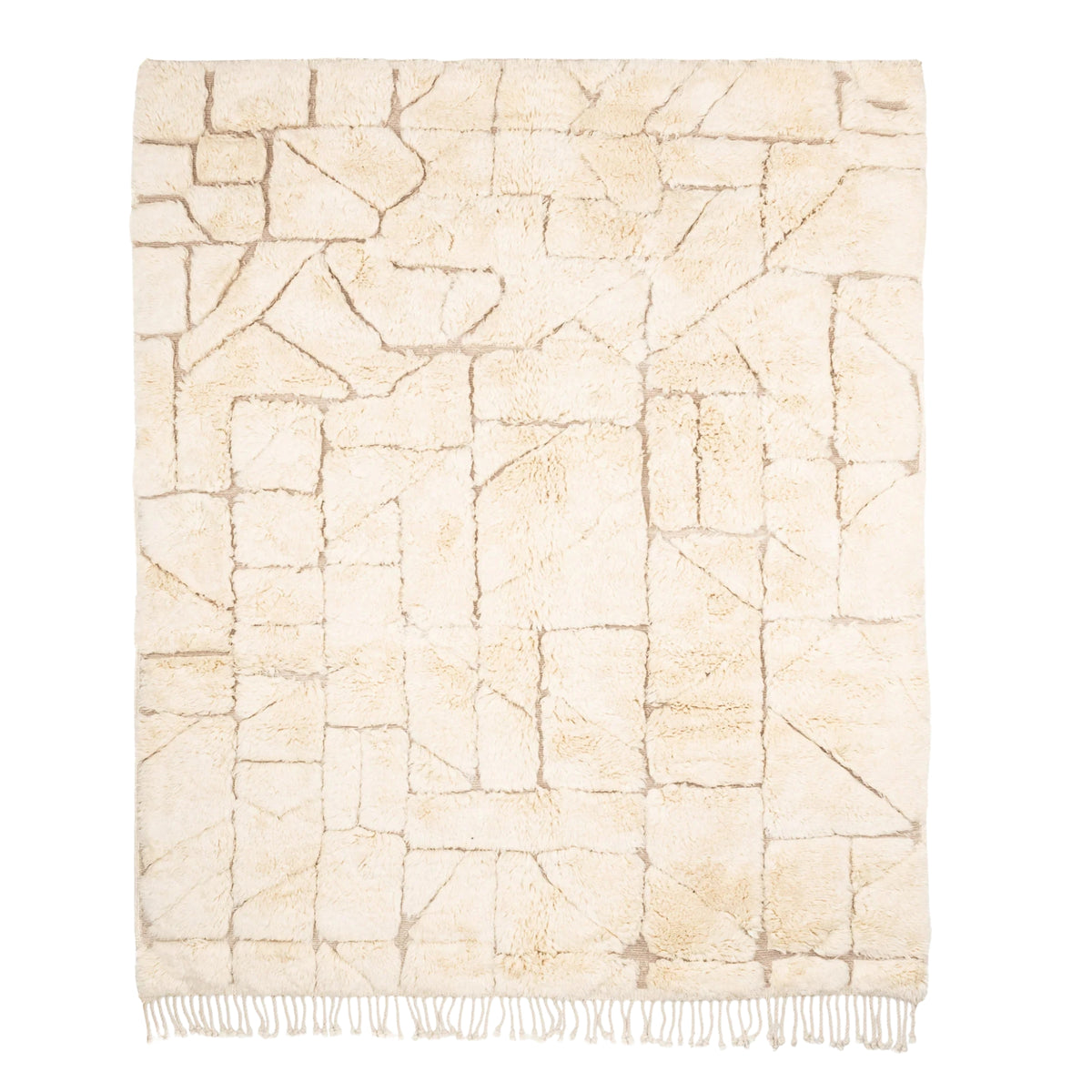 Handmade Moroccan wool rug ivory cream with carved geometric relief mosaic pattern and fringe