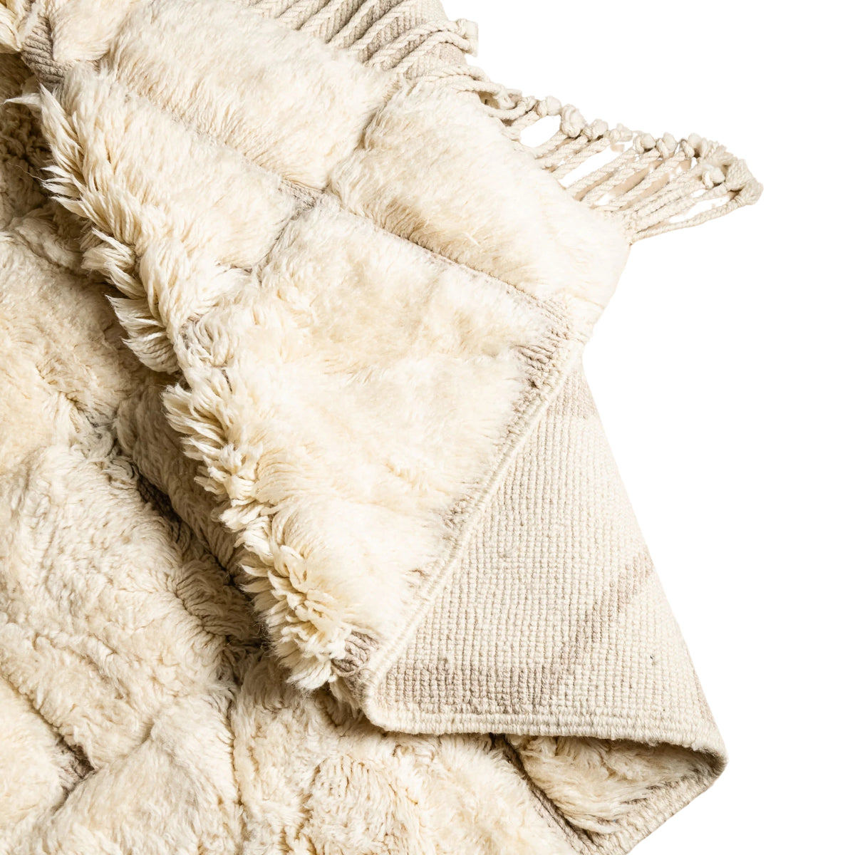 Flipped Handmade Moroccan wool rug ivory cream with carved geometric relief mosaic pattern and fringe