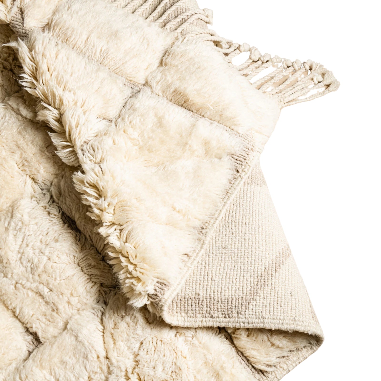 Handmade Moroccan wool rug ivory cream with carved geometric relief mosaic pattern and fringe