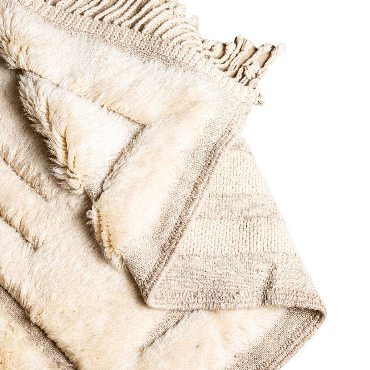 Flipped Handmade Moroccan wool rug in ivory cream with carved sand-tone labyrinth relief and fringe